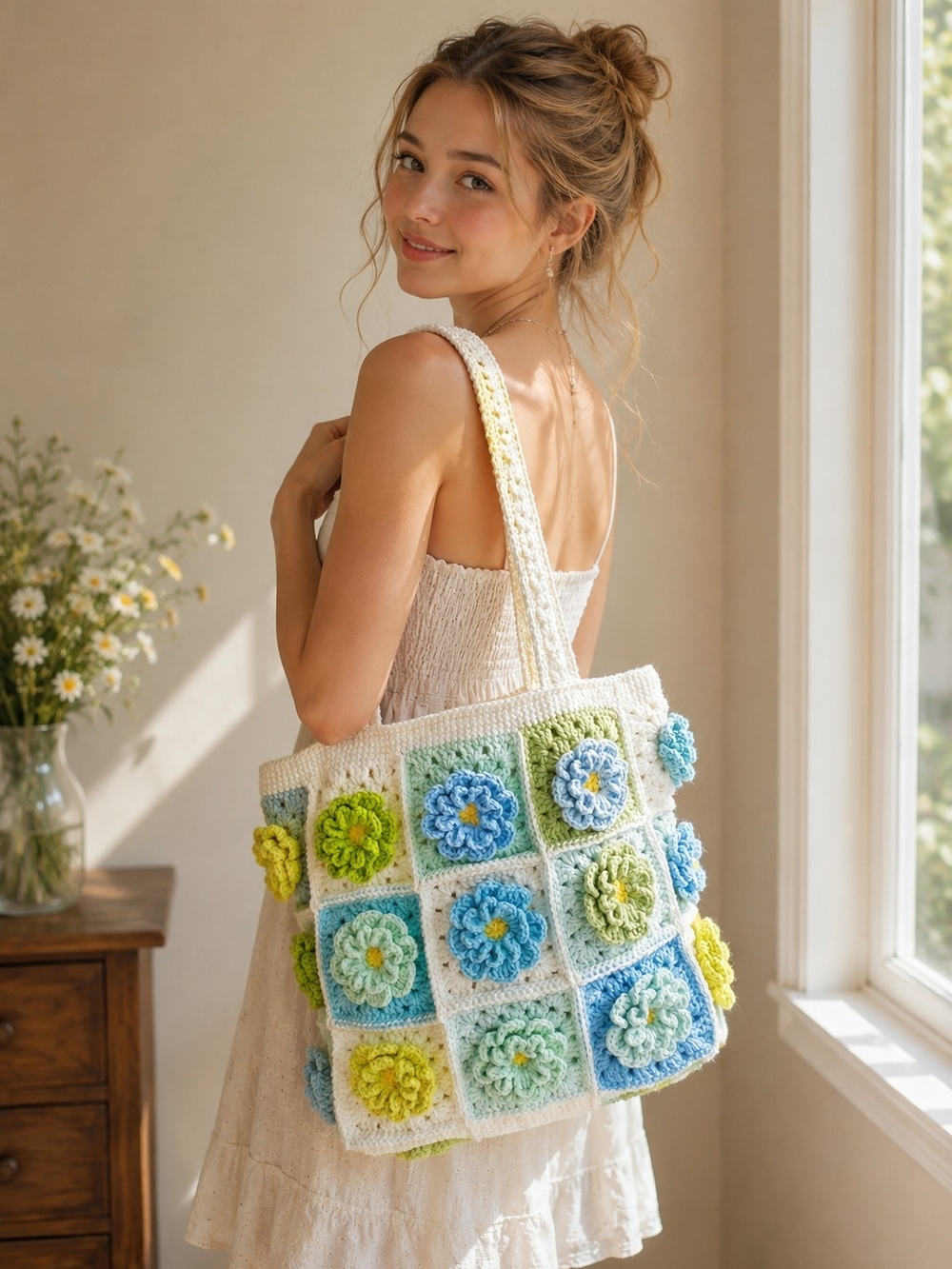 Handmade Crochet Floral Tote Bag in White, Blue & Green